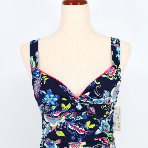 Anne Cole Women Navy Floral Twist Front Bandeau Tankini Swim Top Size 34B/32C - Picture 2 of 5